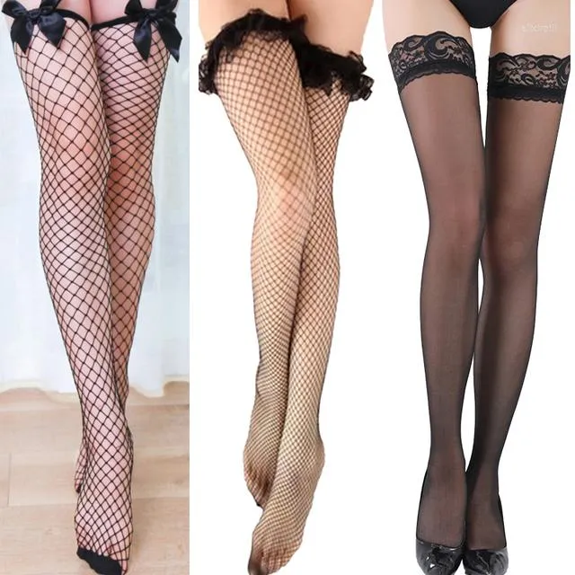 Women Socks 3Pairs Sheer Sexy Stockings Lace Top Thigh High Nets Fishnet Over The Knee Nightclubs Pantyhose Tights Black Medias