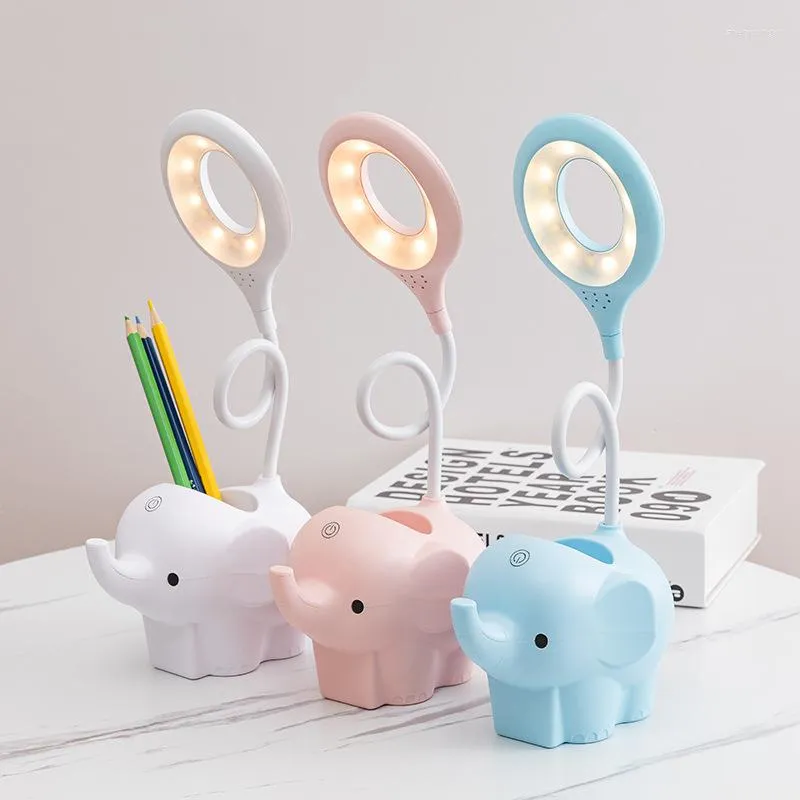 Lampes de table Lampe LED Lumière douce Protection des yeux Éléphant Animal Prise de charge USB Double usage tactile Trois couleurs Température réglable