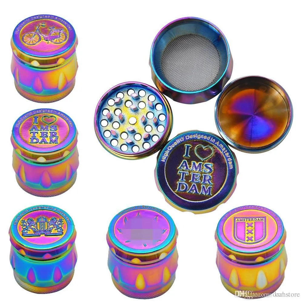 Partihandel Zicn Alloy 43mm 4Layer Mini Diamond Amsterdam Rainbow Herb Grinder IceBlue Metal Tobak Rökning