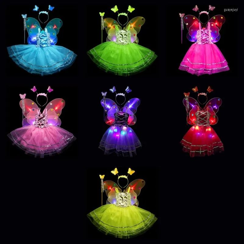 مجموعات الملابس للأطفال الفتيات الجنية Cosplay Costume Set Set Metalliclic Sconesless Tutu Dress LED Butterfly Angel Wing Wand Beadband up 4pcs