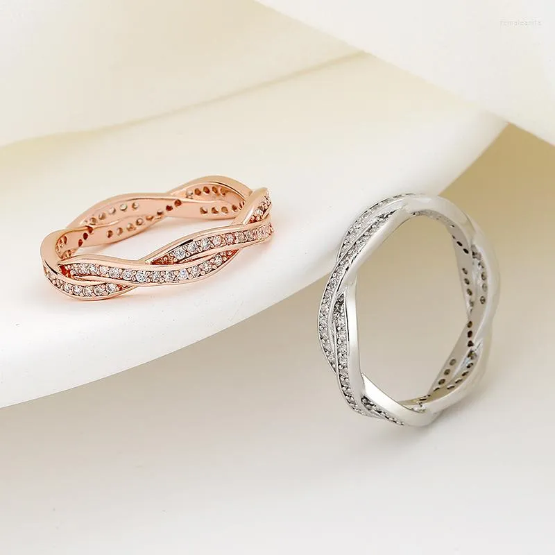 Wedding Rings Vintage Shine Crystal Twist Ring Comfort Size 6-9 Rose Gold Silver Engagement Jewelry Gift Couple For Women Men