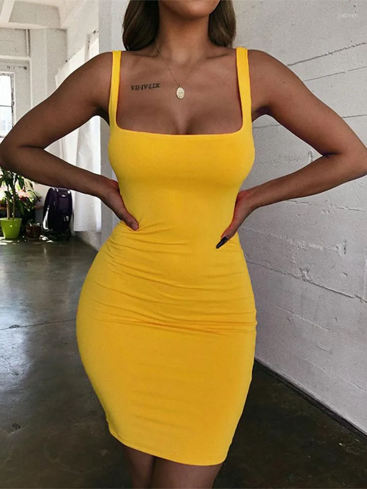 yellow slinky ring detail square neck bodycon dress Alivia Yellow Square Neck Slip Mini Dress – Get That Trend main image 1