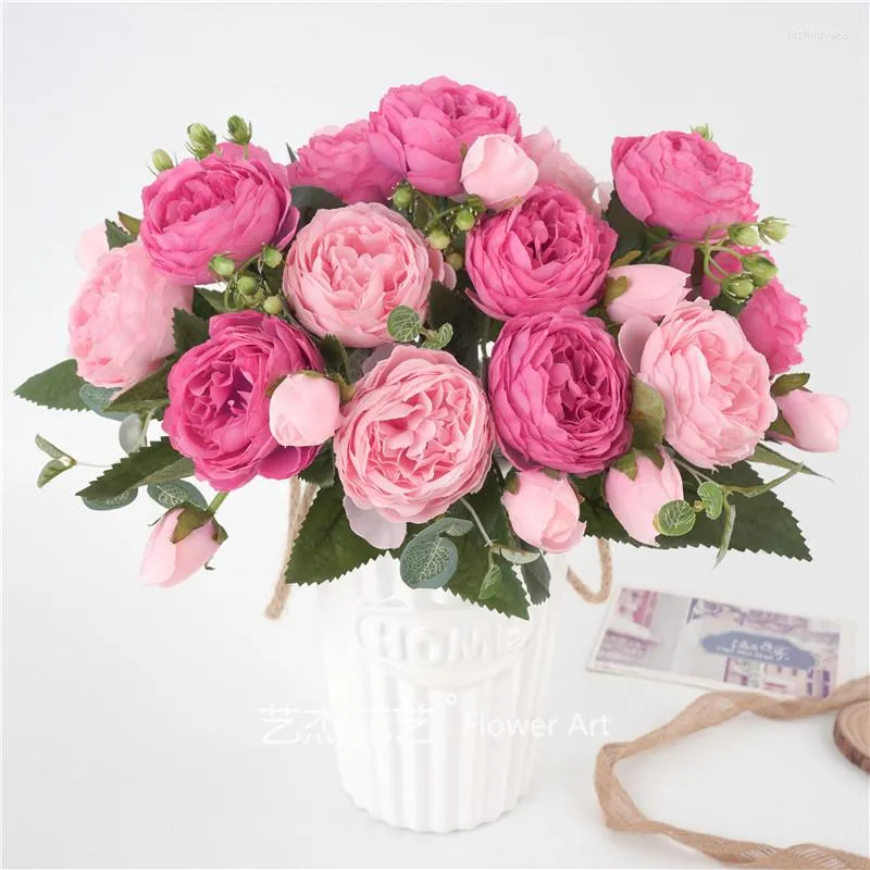 Decorative Flowers 30cm Rose Pink Silk Peony Artificial Bouquet 5 Big Head 4 Bud Fake Flower DIY Home Garden Wedding Decoration Indoor