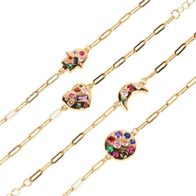 Link Bracelets Chain Trendy Women Hand Insert Geometric Zircon Copper Gold Plated Heart Moon Round Pendant Bracelet Fatima Hamsa Bangle