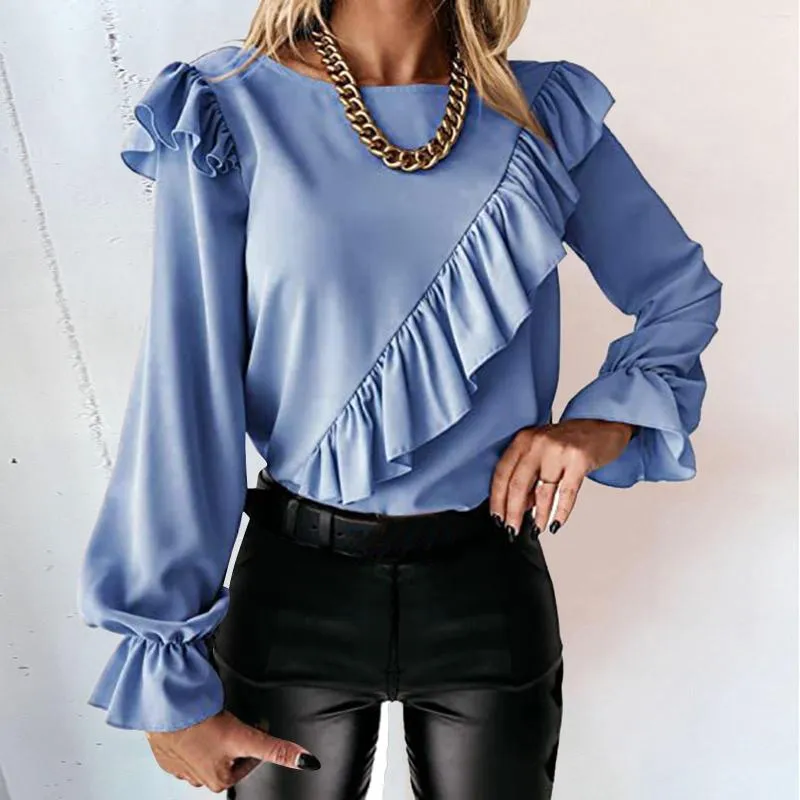 Women's Blouses Fashion Woman Long Sleeve Solid Color Trim Tunic Tops Button Casual Blouse Cute Crew Neck Shirt Spring And Autumn G3