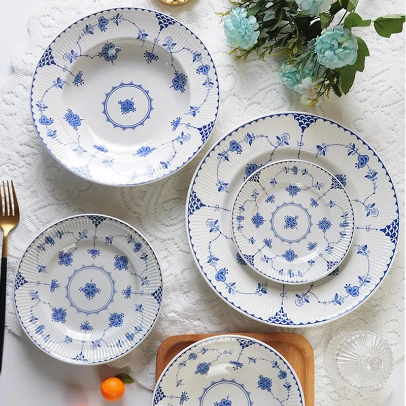 Plates High-quality Blue Tanggrass Underglaze Ceramic Tableware Steak Flat Plate