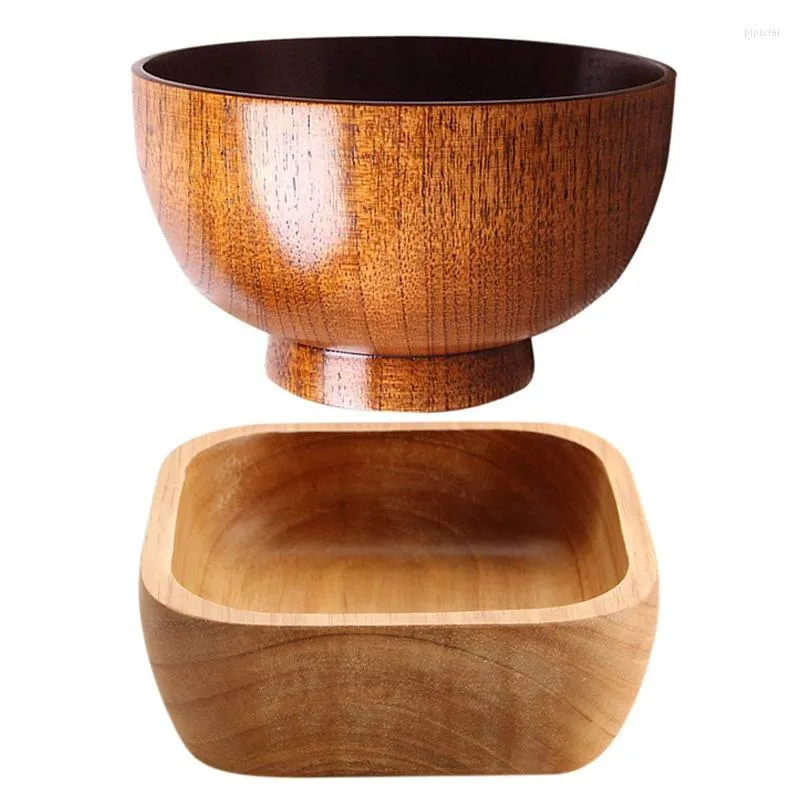 Bowls 2 Pcs Wooden Bowl For Soup Rice Noodles Kids Lunch Box Kitchen Tableware 12.8 X 4.5cm & 11 7cm Retail