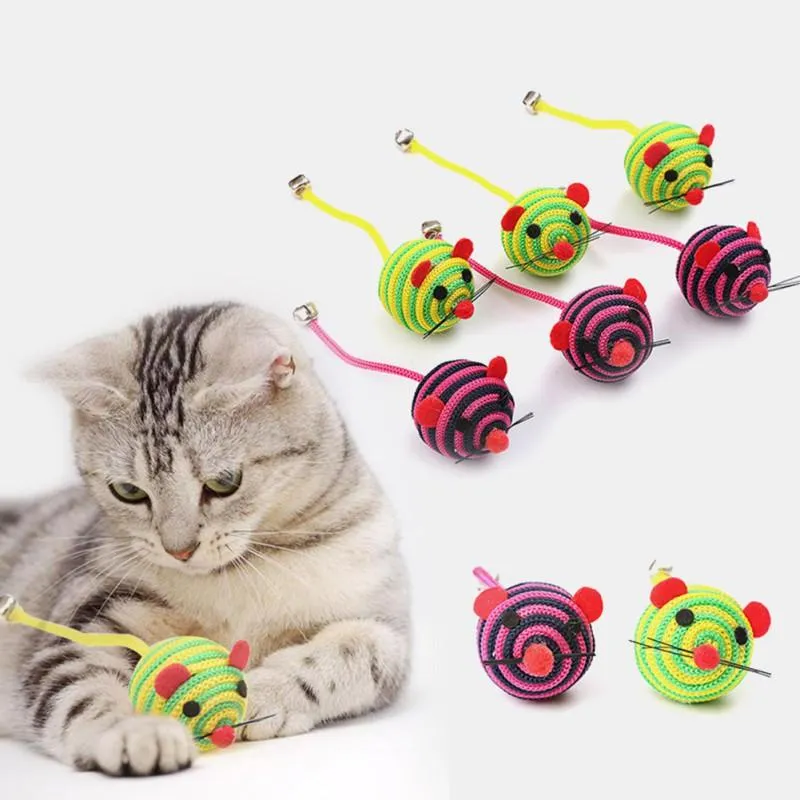 Cat Toys 1st 4cm Ball Toy Lovely Cartoon Stripe Nylon Rope Round Mouse Long Tail Bell Pet Dog Bite Play Chasing