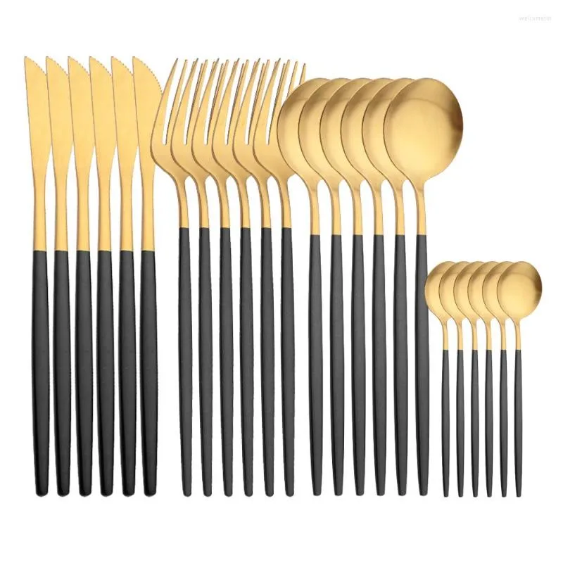 Ensembles de vaisselle noire Gold Matte Set Fork Spoon Coublées couteaux 24pcs