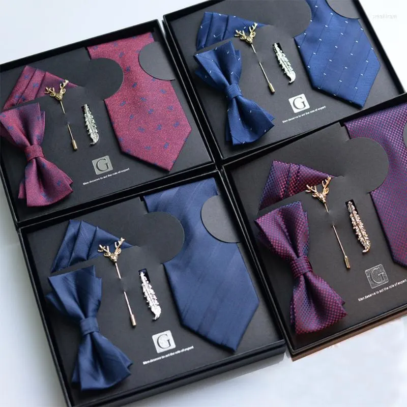 Bow Ties High Quality Luxury Men Tie Set 8CM Dress Business Wedding Zipper Necktie Bowtie Corsage Pocket Square Clip With Gift Box Smal22