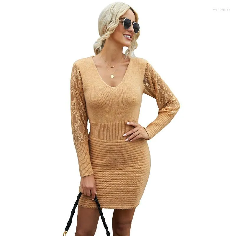 Casual Dresses European American Women Clothing Autumn Winter Thick Warm Knit Sweater Dress Ladies Elegant Lace Long Sleeve LR1836