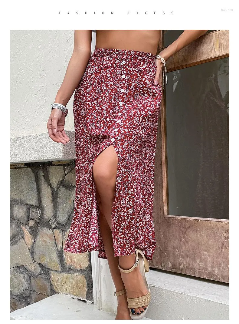 Skirts Women's Printed Red Skirt With Floral Slit Sexy High-waisted Split A-line For Ladies