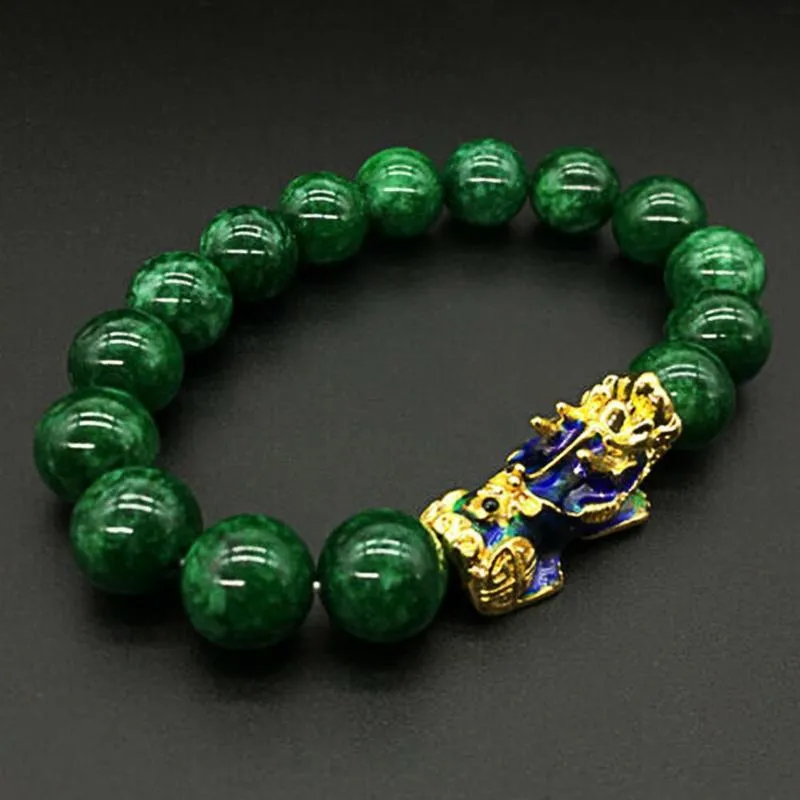 Strand Beaded Strands Golden PIXIU Bracelet For Women Men Green Stone Beads Couple Energy Bring Lucky Brave Wealth Feng Shui Bracelets