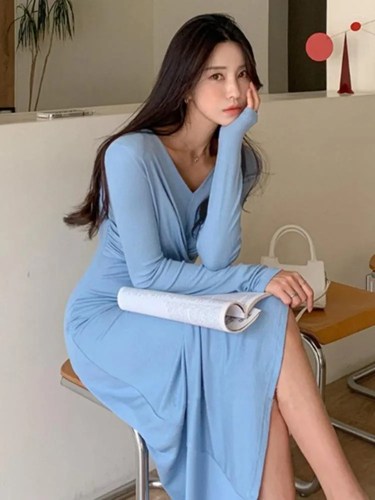 Casual Dresses Sweet Korea Autumn Elegant Temperament Slim Hip Wrap V-Neck Kink Tight Sexy Long Sleeve Dress Kroean Tops U672