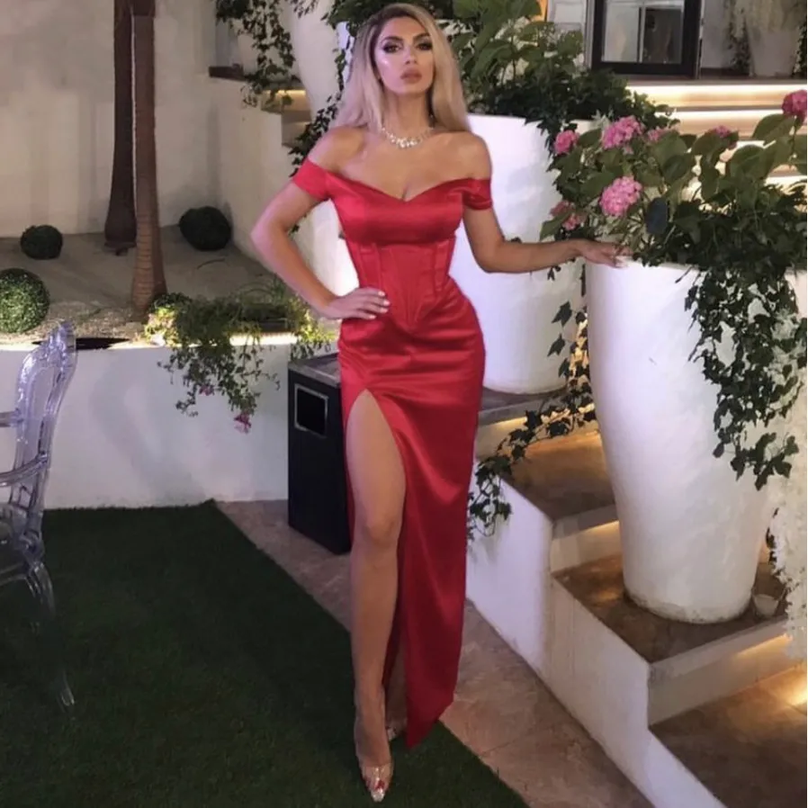 Burgundy kapalı omuz uzun denizkızı gece elbiseleri robe de soiree saten yan yarık resmi elbise abendkleider