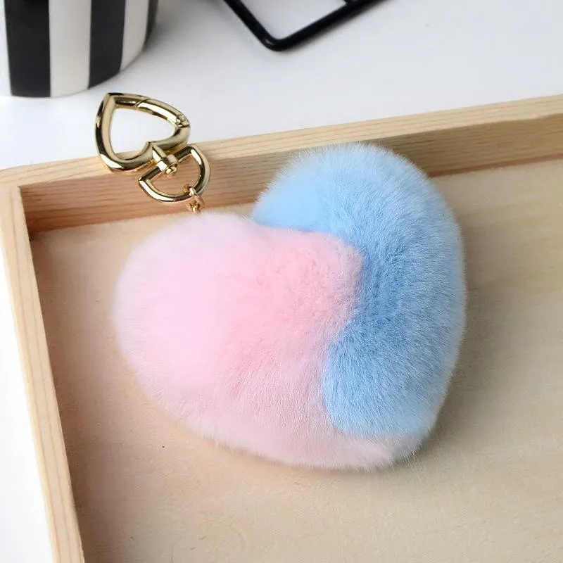 Keychains Genuine Rex Fur Key Chain Heart Shape Colorful Double Color Patchwork Handbag Pendant DIY Decorative Ornament