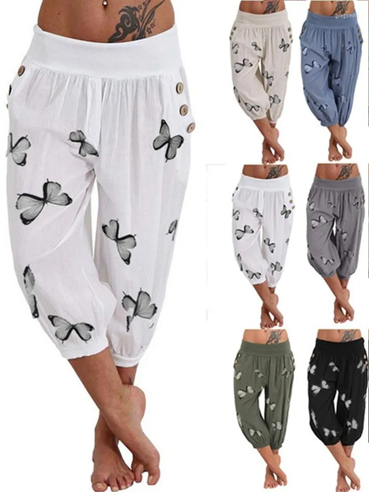 Calça feminina harém feminino casual cintura elástica de verão de fundo de borboleta com bolsos femininos de grandes dimensões soltos