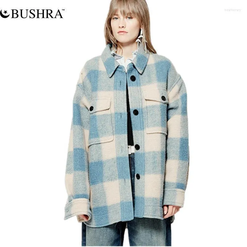 Mélanges de laine pour femmes BUSHRA hiver manteau en tissu de laine à carreaux simple boutonnage pardessus décontracté hauts veste de poche automne Vintage 2023 mode H
