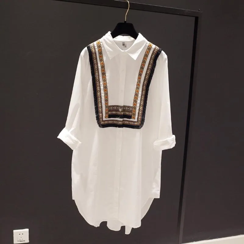 Casual Dresses Surufeng Woman Long Shirt Dress Cotton Clothing White Turn-Down Collar Summer Autumn 2023 Overdimensionerad mantel