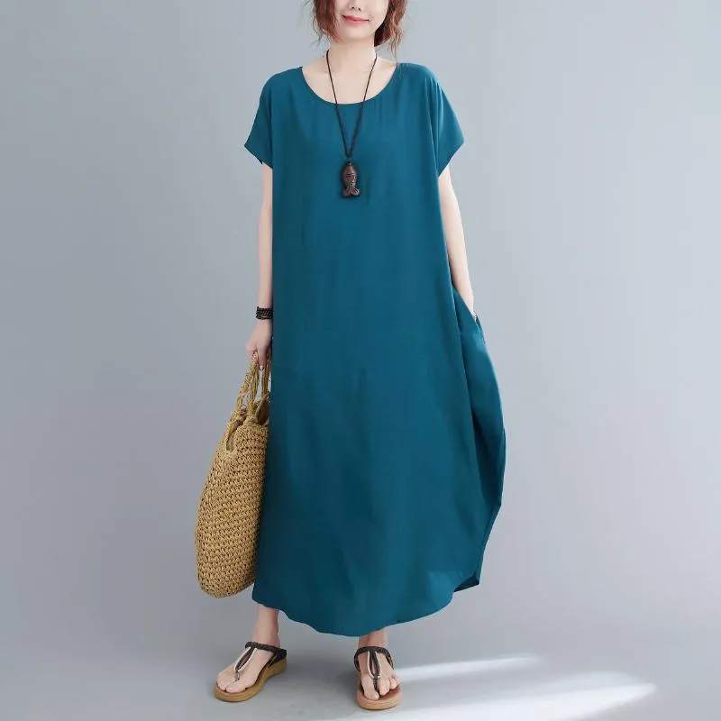 Casual klänningar Kort ärm Cotton Satin Summer O-Neck för kvinnor 2023 Strand Solid Loose Long Fashion Dress Elegant ClothingCasual