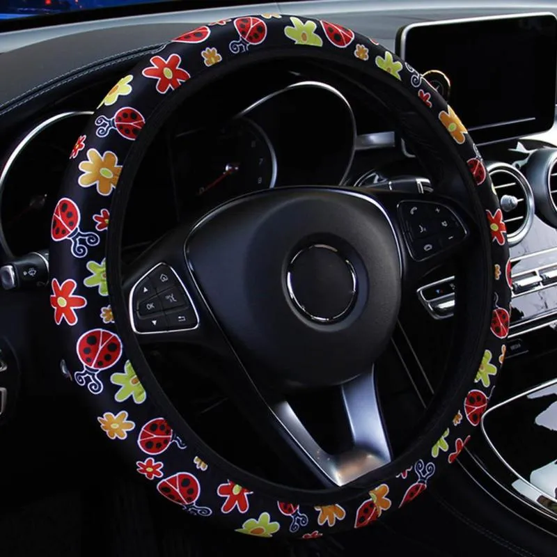 Direksiyon simidi, araba önleyici iç kapak kapak kayma geçirmez otomatik direksiyon çiçek baskısı ipek kumaş araba stylingsteering