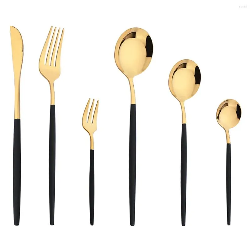 Dinnerware Sets 6Pcs Black Gold Cutlery Set Western Stainless Steel Tableware Knife Dessert Spoon Cake Fork Party Kitchen Silverware