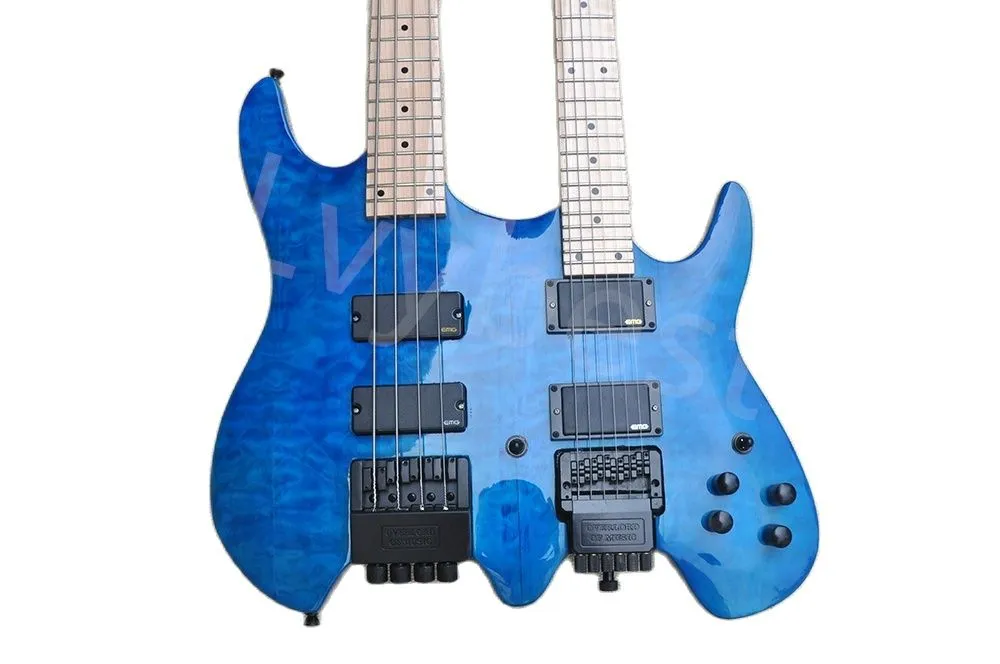 Lvybest Double Neck Blue Electric Guitar with Black Hardware Maple Quilted Top Thin Body Stainless Steel Frets