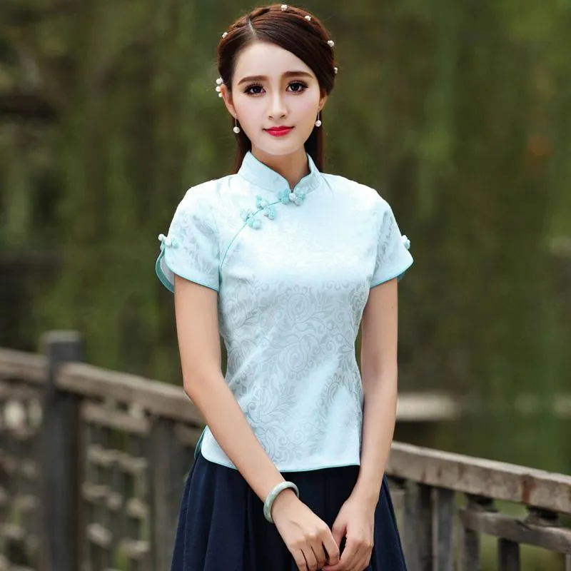 Vêtements ethniques Sheng Coco Vêtements chinois Tops Style traditionnel Cheongsam Qipao Été Court Jacquard Coton Tang Costume Vetement ShirtEt