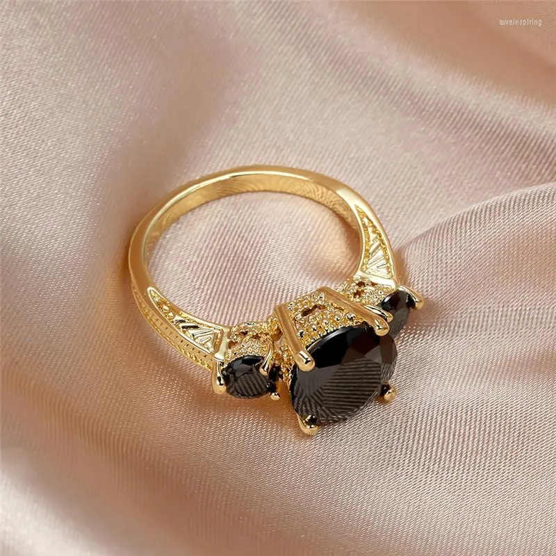 Wedding Rings Vintage Female Black Crystal Stone Jewelry Yellow Gold Color For Women Promise Bride Round Engagement Ring