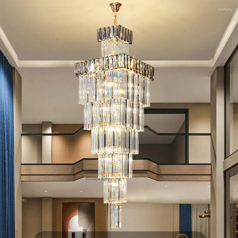 Lampes suspendues haut de gamme Villa escalier lampe Duplex bâtiment lustre lumière luxe carré cristal salon Long