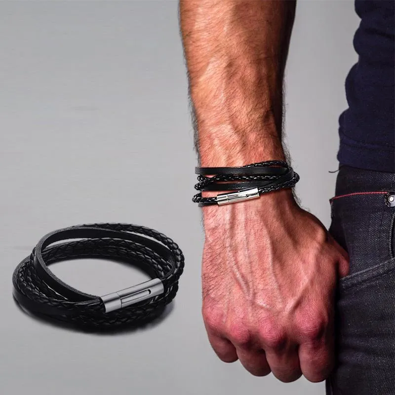 Pulseras de eslabones, pulsera de cadena para hombres, envoltura de cuero para hombres, pulsera con capas de tejido, envoltura de giro, joyería para hombres