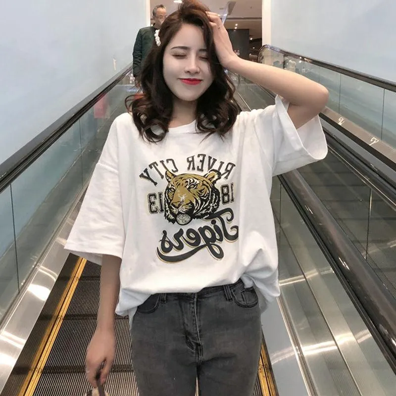 Women's T Shirts 2023 Summer Korean Cotton White Short Sleeve Super Fire CEC Half