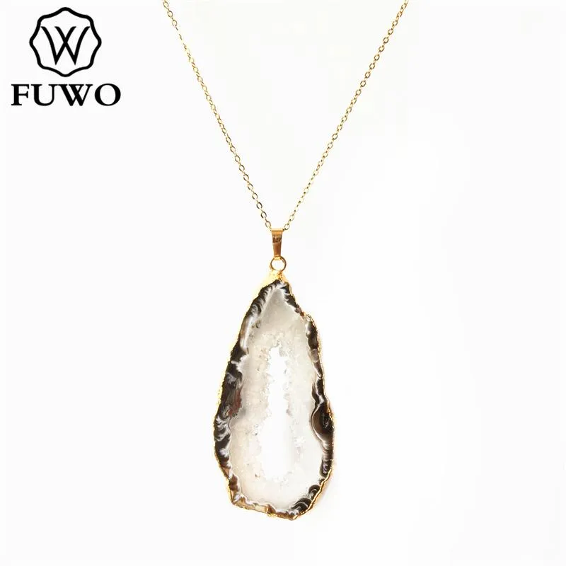 Pendentif Colliers FUWO Naturel Geode Agates Collier Avec Or Garni De Mode Forme Irrégulière Druzy Quartz Bijoux Pour Femmes Cadeau NC261