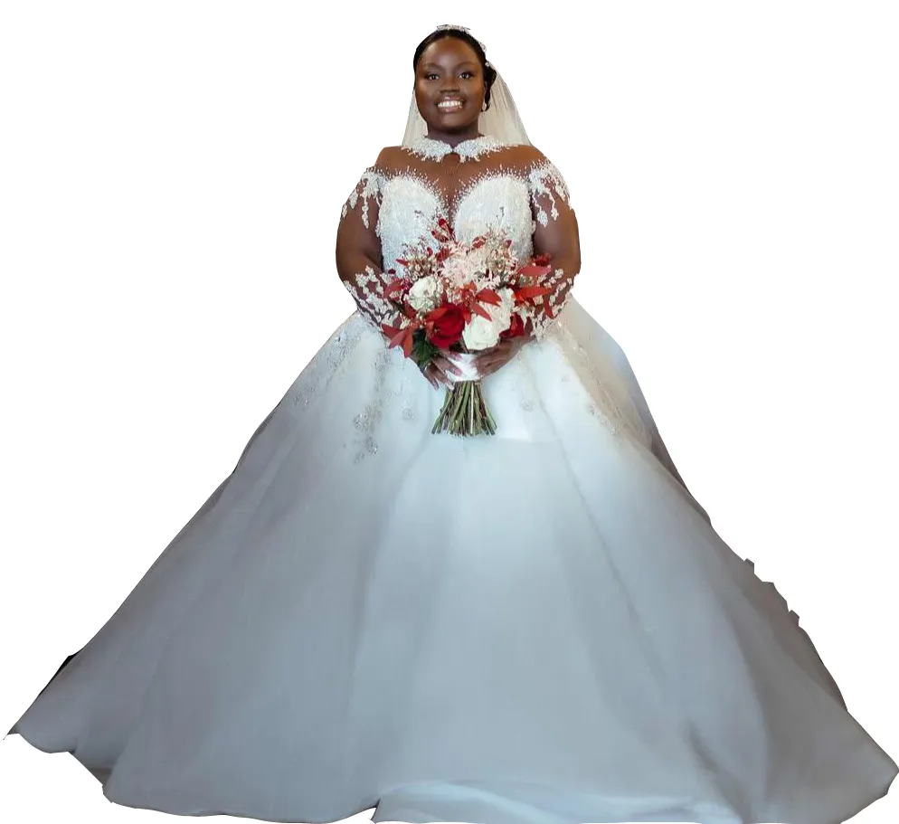 2023 Ballkleid Brautkleider Luxus Jewel Neck Kristall Perlen Illusion Lange Ärmel Tüll Dubai Arabisch Braut Brautkleider Plus 207S