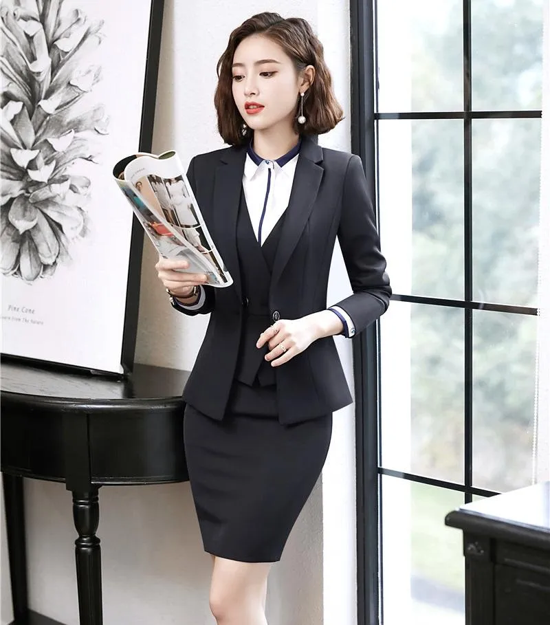 Two Piece Dress Formal Black Blazers Women Business Suits 3 Waistcoat Skirt And Jacket Sets Office Ladies Work Wear SuitsTwo