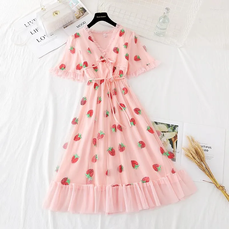 Party Dresses Sexy V-Neck Belt Strawberry Stamping Short Sleeve Mid-Length Dress Net Yarn Summer Women'S Clothing