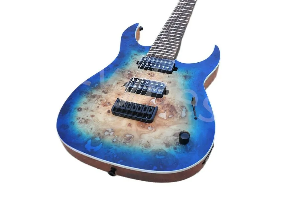Lvybest 7-saitige E-Gitarre mit blauem Furnier und schwarzer Hardware, Griffbrett aus Palisander, MAHAGONI-Korpus, bietet maßgeschneiderten Service