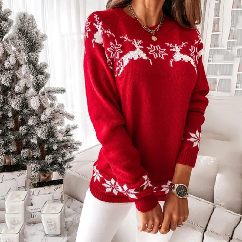 Kobiety swetry świąteczne golf łanie wydrukowane dzianinowe sweatek sweter długi rękaw ciepłego jesiennego zimowego lady elegancka all-mecz