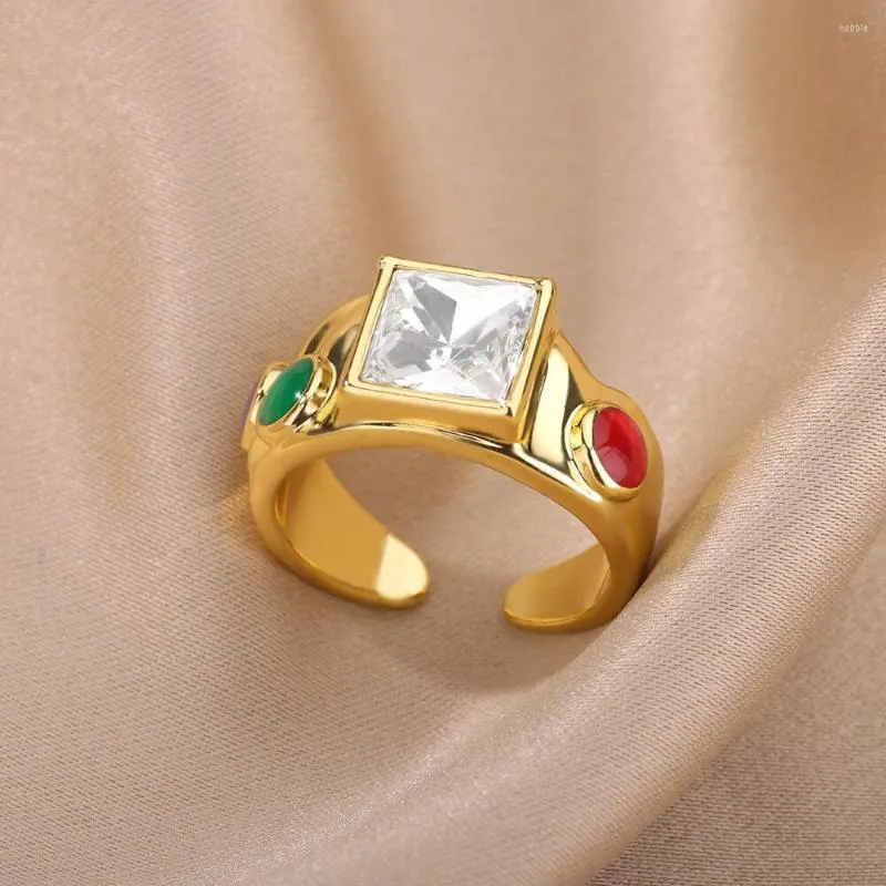Anéis de casamento anel quadrado de zircão de luxo para mulheres aço inoxidável cor de ouro largo de bread bead partido bijoux femme