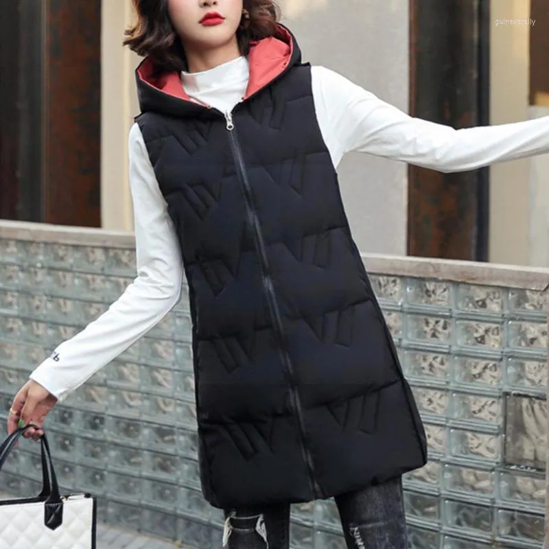 Automne Hiver Gilet Pour Femmes Mi-long Double Côté Porter Vers Le Bas Coton Manteau Couleur Fermeture Éclair À Capuche Casual Gilet J E9E1 Guin22