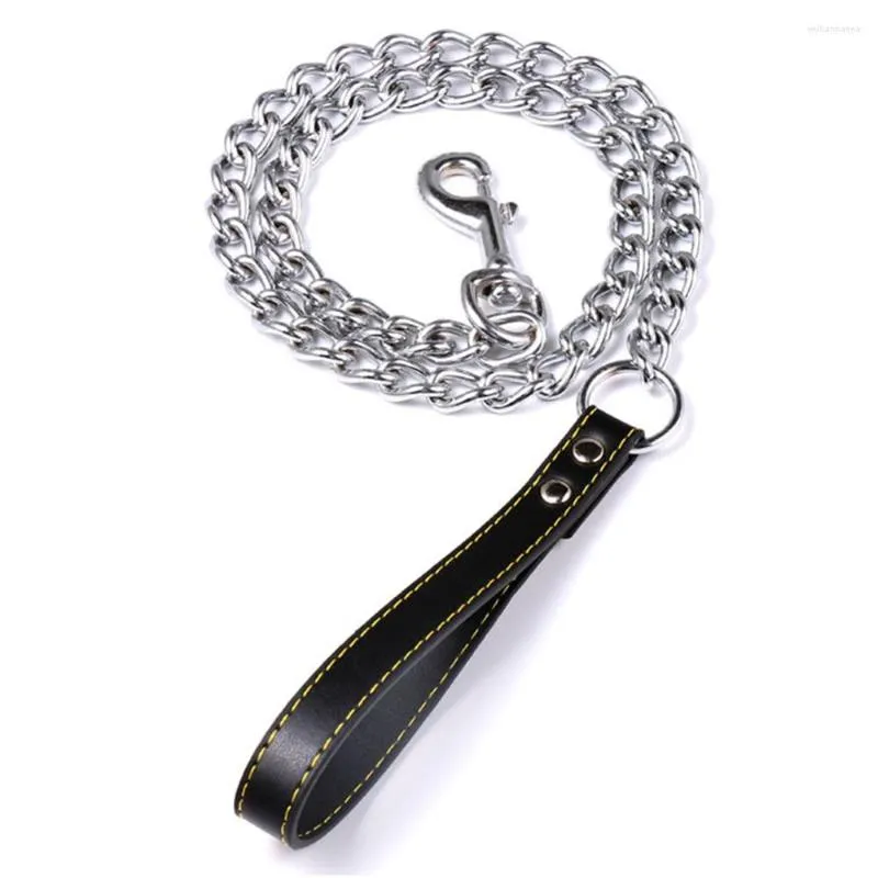 Colliers pour chiens Laisse de chaîne en métal avec poignée en cuir Laisse de contrôle solide Harnais noirs Accessoire de transport 120cm