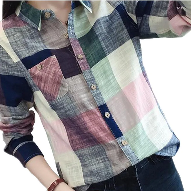 Women's Blouses 2023 Casual Plaid Women Kimono Vintage Linen Cotton Long Sleeve Blouse Female Shirts Tops Camisa Feminina Chemise Femme