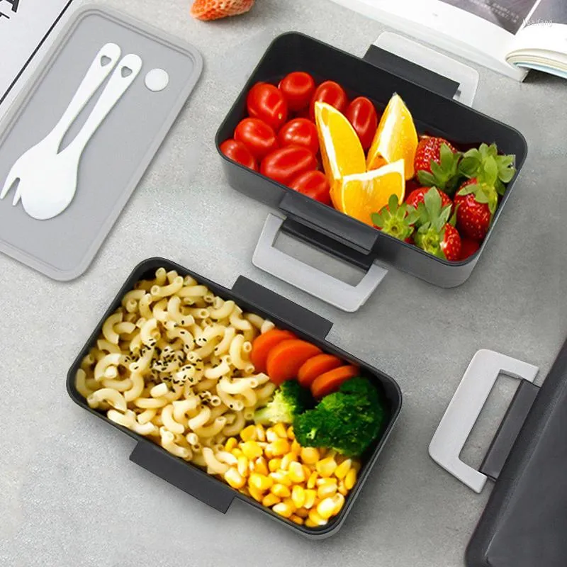 Juegos de vajilla de plástico portátil, caja Bento de 2 capas, almuerzo apto para microondas para escuela, oficina y picnic