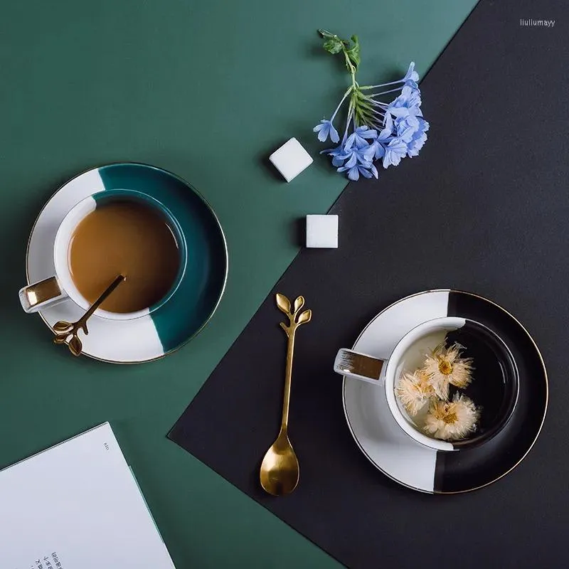 Koppar tefat kaffekopp och fat set ta med sked enkel mode nordisk stil hem frukost mjölk keramik mugg matbord bordsbord