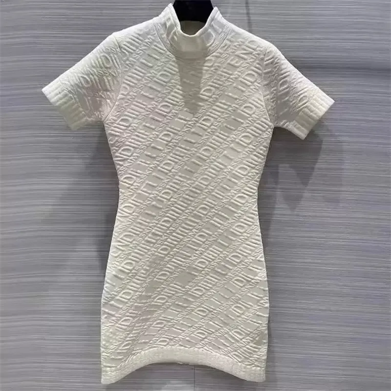 women casual dresses embossed 3d relief letter high qualiy ladies dress half highneck shortsleeved knitted dress