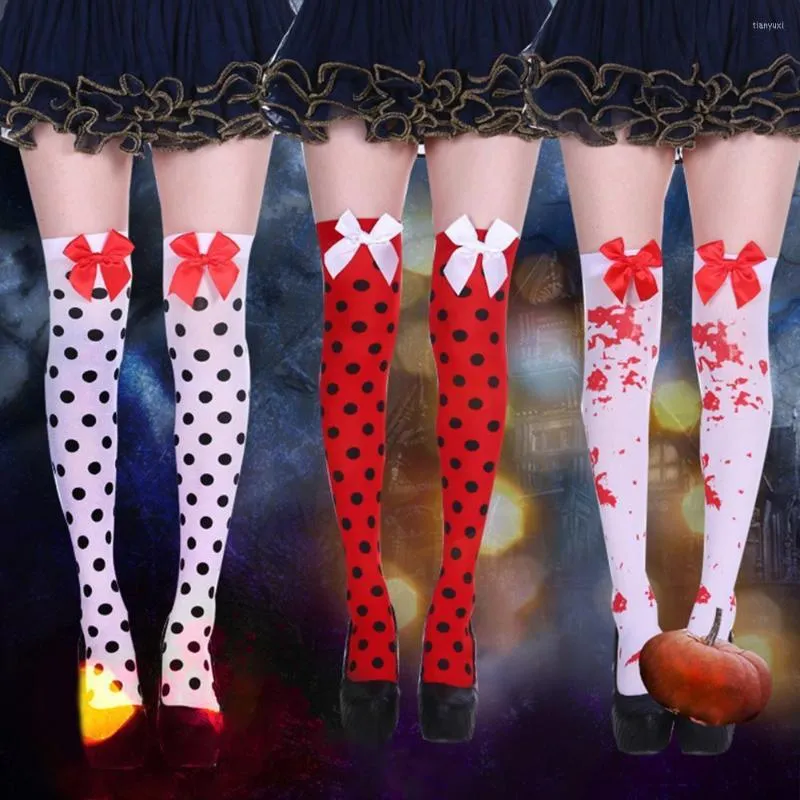 Women Socks 1 Pair Halloween Stocking Candy Color Bowknot Scary Sweat Absorb Cosplay Personality Street Sexy Night