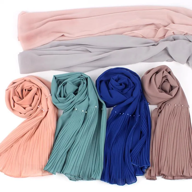 Scarves High Quality Single Color Pearl Chiffon Stitching Wrinkled Headscarf Ethnic Style Hijab Scarf