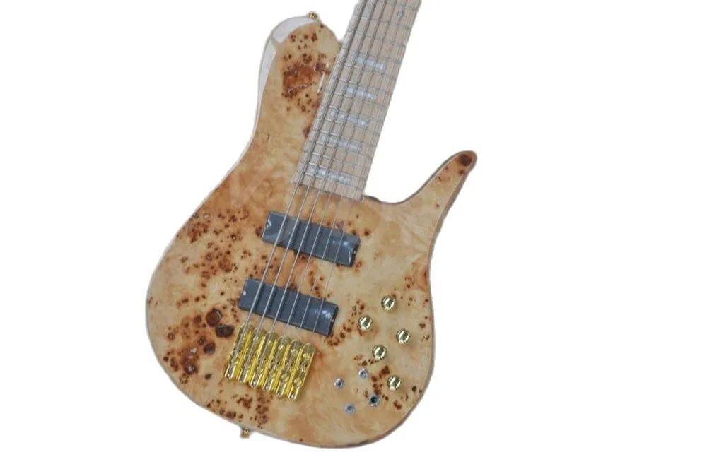 Lvybest Natural Wood 6 Strings Electric Bass Guitar with Gold Hardware Neck Through Body Burl Veneer Provide Custom Service