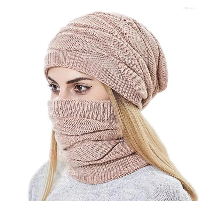 Bandanas Winterhüte Schal Set Frauen warm gestrickte Hutkappe Halswärmer verdickter Fellgekleidete Lady Maske für