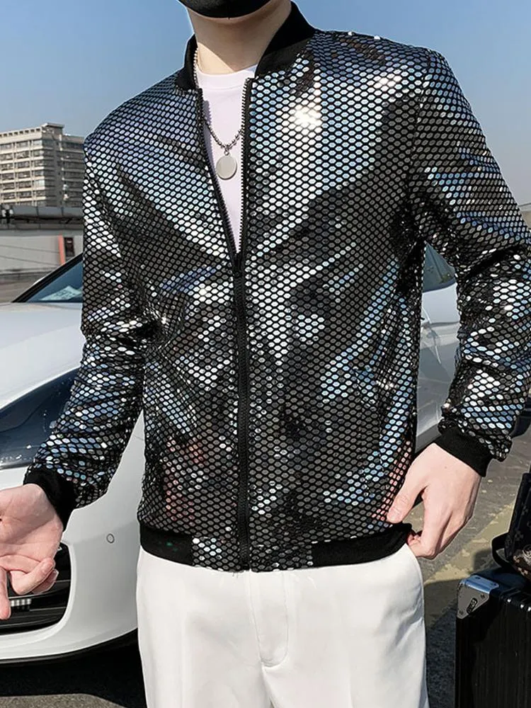 Men's Jackets Spring Summer 2023 Sun Protection Clothes Silver Sequin Thin Youth Korean Wave Male Stand Collar Slim Casual CoatMen